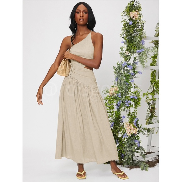 Linen Asymmetrical Beige Dress Cut Out Ruched Maxi Lace Up Back - Picture 3 of 8